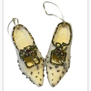 Vintage High Heel Beaded Fabric Shoe Christmas Ornaments Off white with gold